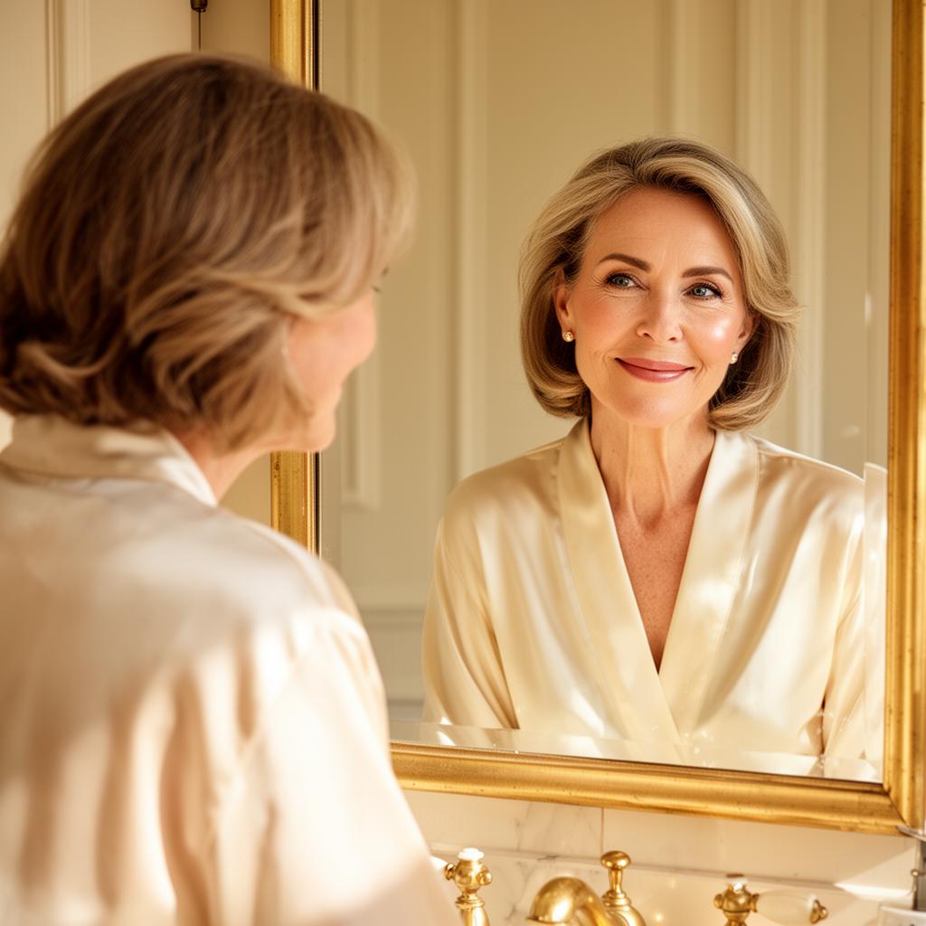Margaret Ellis at her bathroom mirror